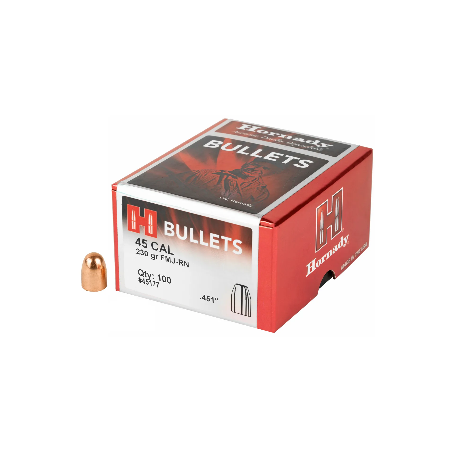 Hornady FMJ-RN Reloading Bullets 45 Caliber .451 Diameter – 230 Grain Round Nose, 100 Count (45177)