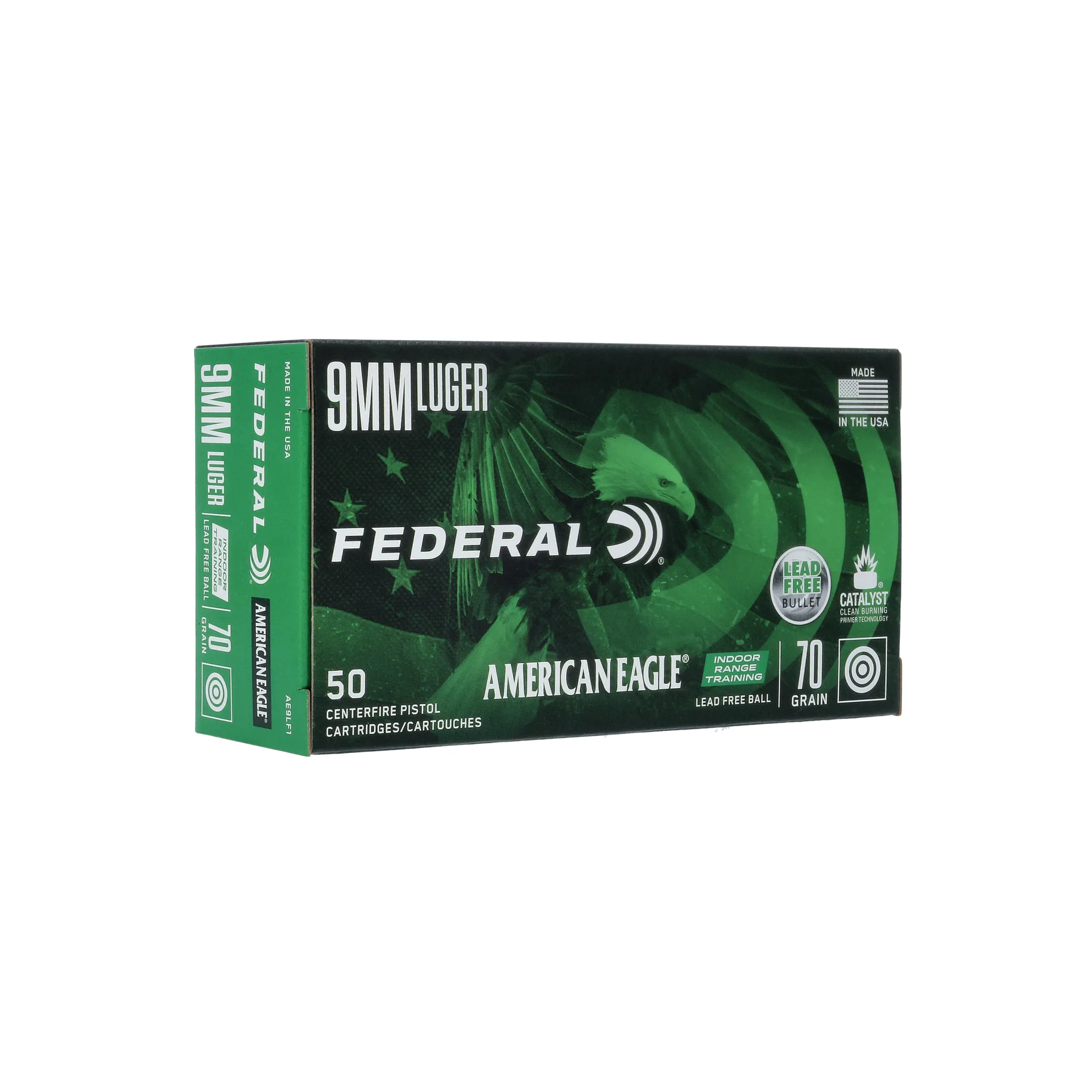 Federal American Eagle Indoor Range Training Handgun Ammunition 9mm 70Gr Lead Free Ball – 50 Rounds (AE9LF1)
