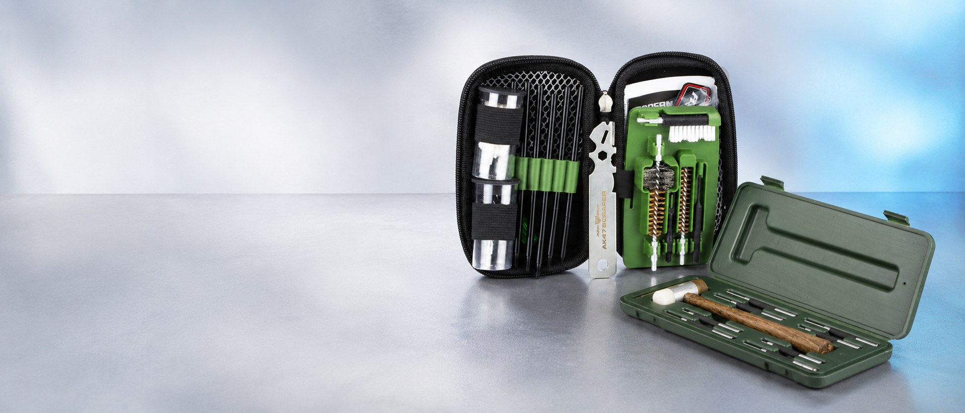 Cleaning kits, gunsmithing tools and maintenance essentials arranged on a clean light ecommerce background